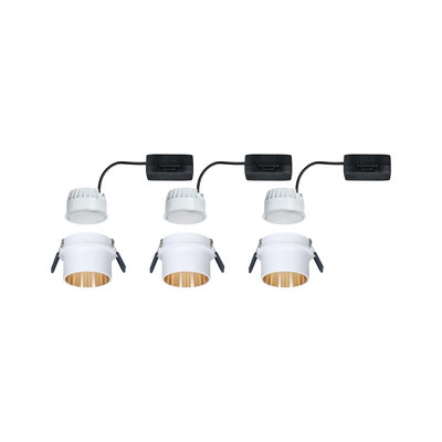Three white LED recessed spotlights with gold reflector and black cable for modern interior lighting solutions.
