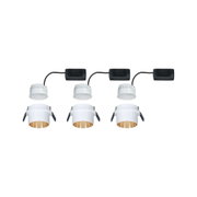Three white LED recessed spotlights with gold interior and black wiring for modern lighting solutions