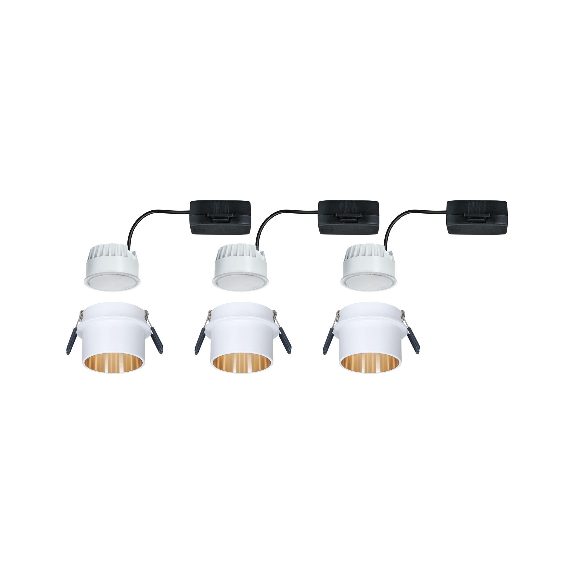 Three white LED recessed spotlights with gold interior and black wiring for modern lighting solutions