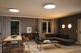 Modern living room with round white plastic ceiling and wall lights, warm lighting, wood and gray tones