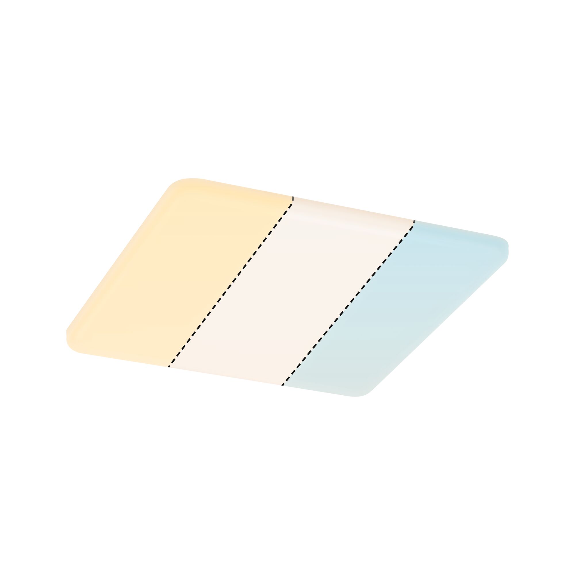 Three-colour LED ceiling light in pastel yellow, white and light blue with modern design