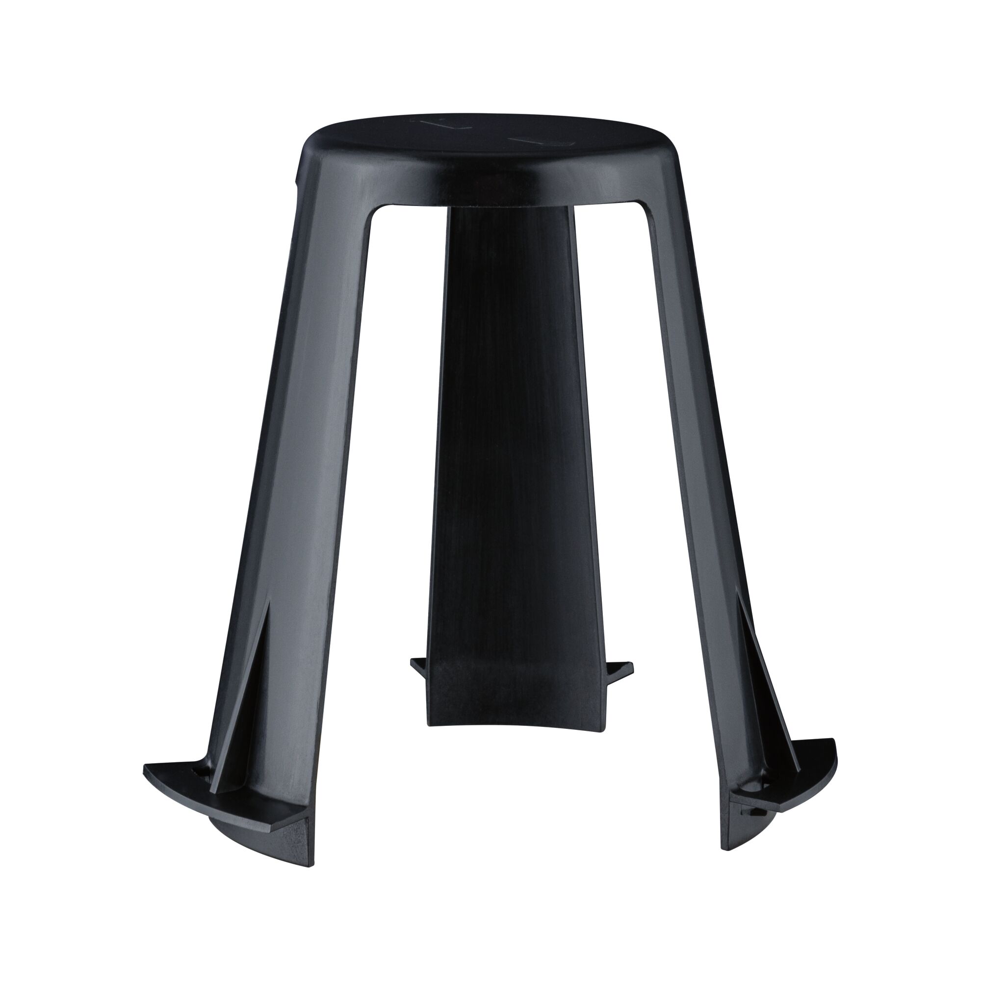 Black plastic stool with three-legged design for versatile use and space-saving seating solution
