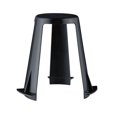 Black plastic stool with three-legged design for versatile use and space-saving seating solution