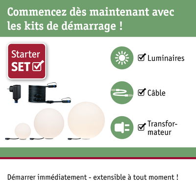 Kit de démarrage avec trois lampes sphériques blanches, câble et transformateur pour éclairage extensible