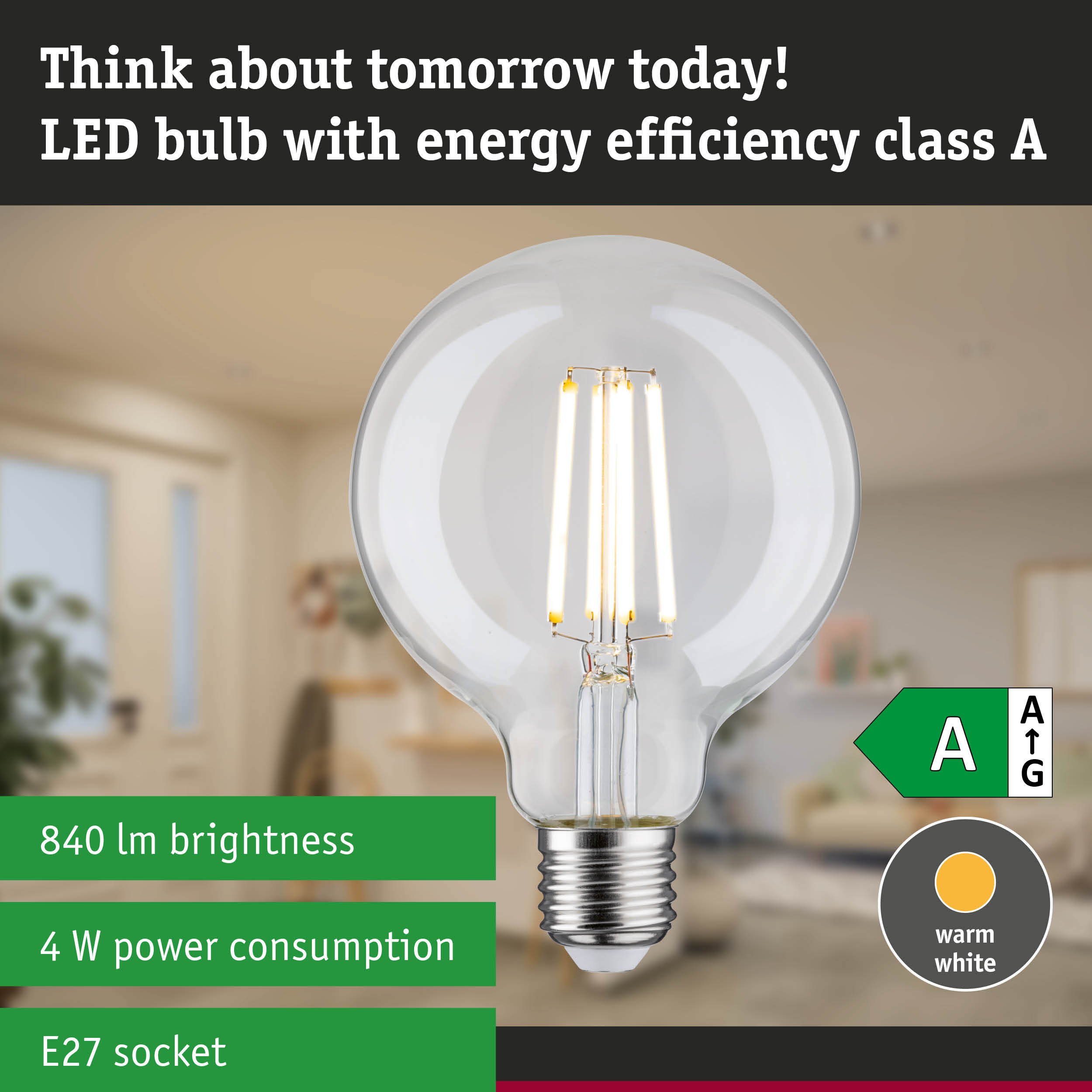 Clear LED bulb with warm white light and ultra-efficient energy use against green forest background