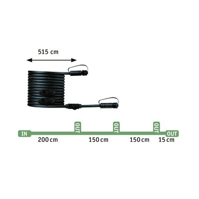 Schwarzes Verlängerungskabel mit Steckverbindern und Längenangaben bis 515 cm für LED-Beleuchtungssysteme.