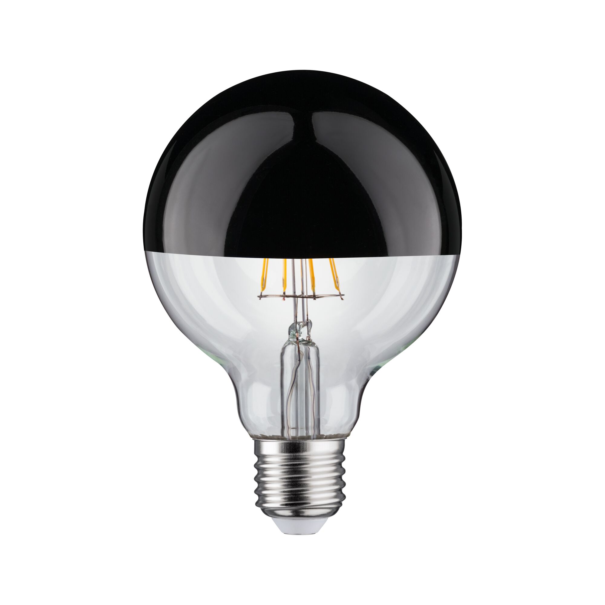 Light bulb with black half-mirror coating and visible LED filaments, E27 base lamp