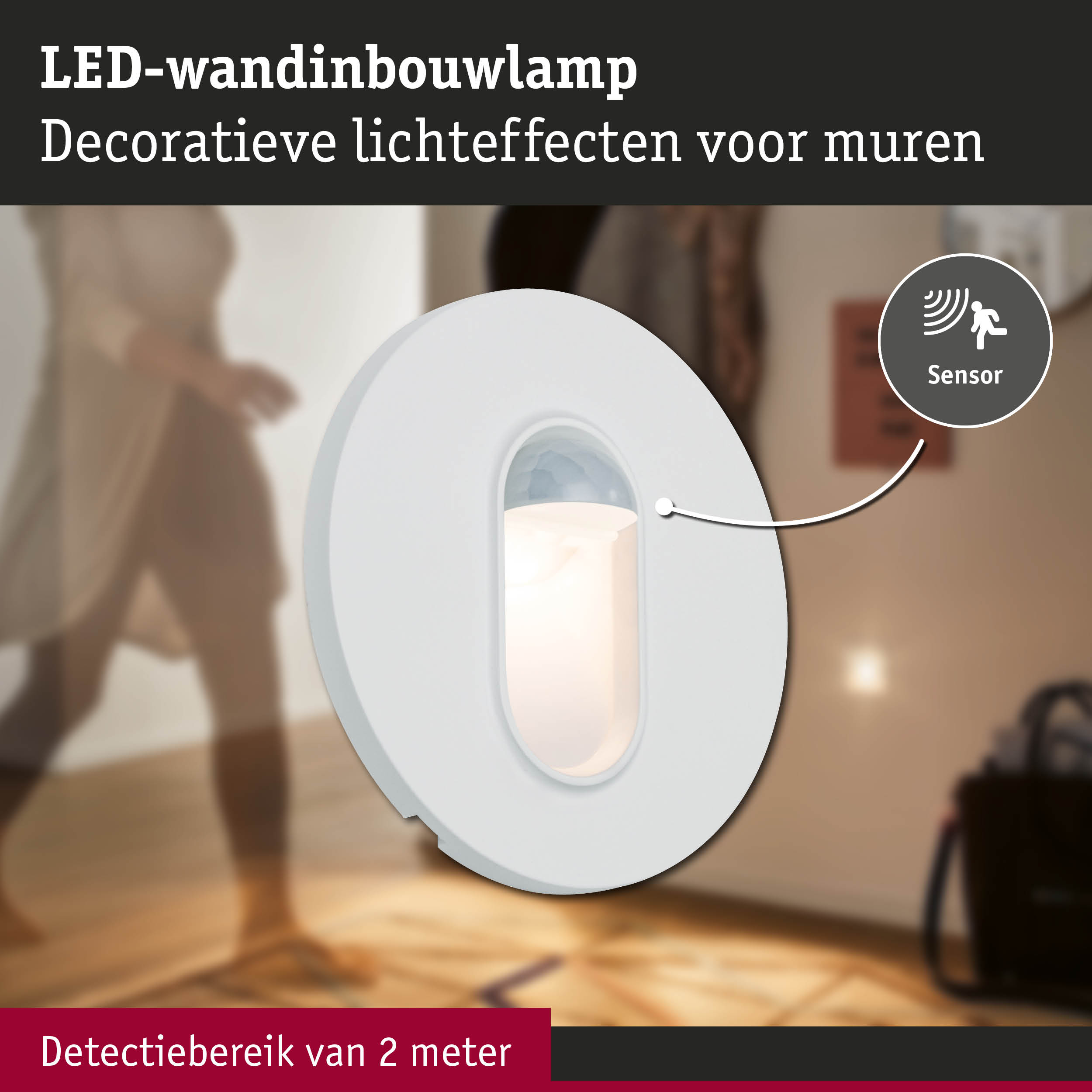 Witte LED-wandinbouwlamp met bewegingssensor voor decoratieve lichteffecten en detectiebereik van 2 meter