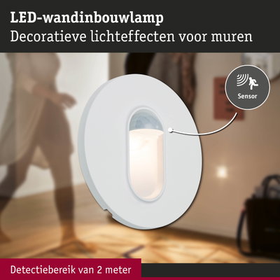 Witte LED-wandinbouwlamp met bewegingssensor voor decoratieve lichteffecten en detectiebereik van 2 meter