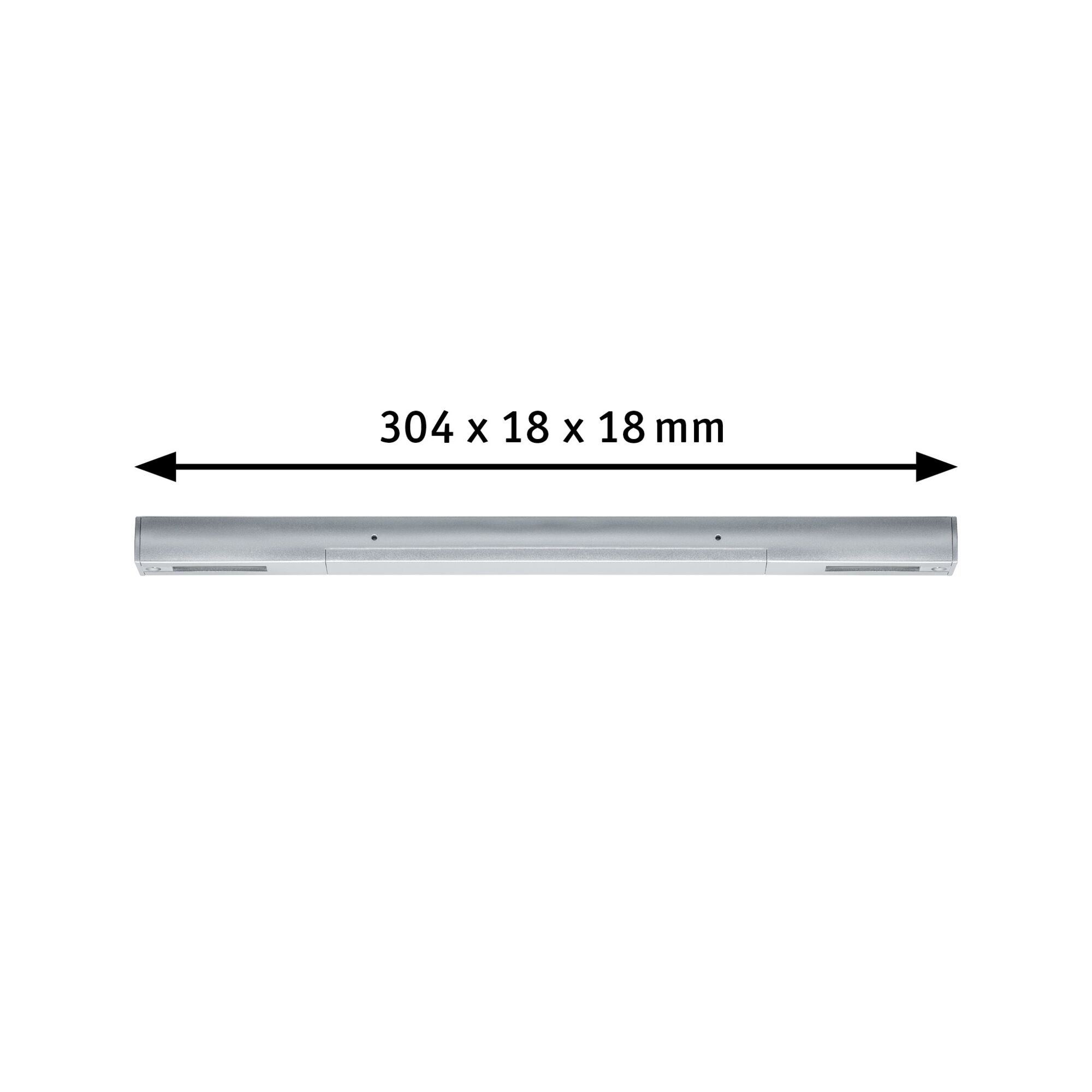 Slim silver metal LED bar measuring 304 x 18 x 18 mm for modern lighting solutions
