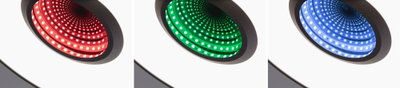 Three black-framed LED recessed lights glowing red, green, and blue for modern lighting effects.