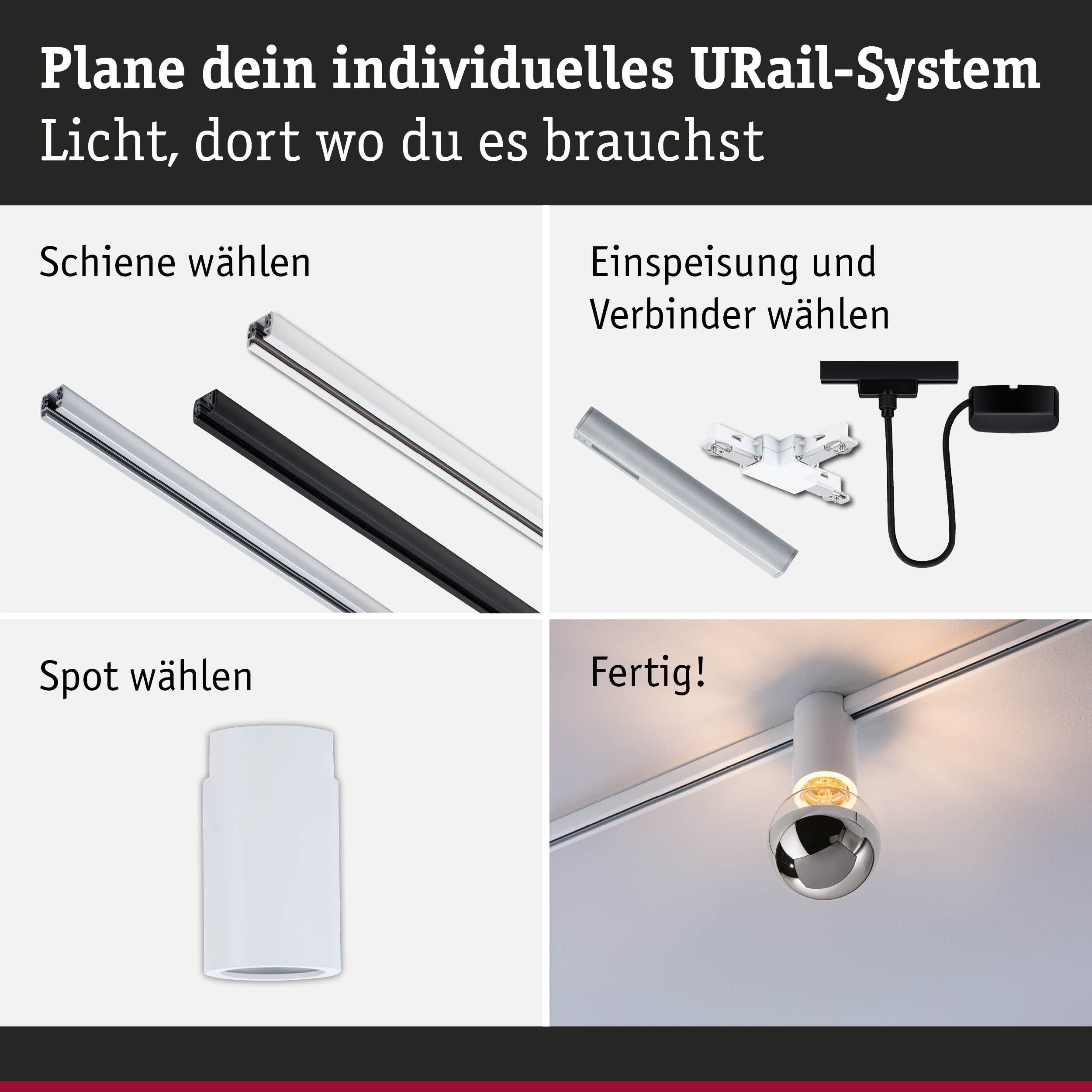 Modulares URail-Schienensystem mit weißen und schwarzen Schienen, Steckern und Spots für flexible Beleuchtung