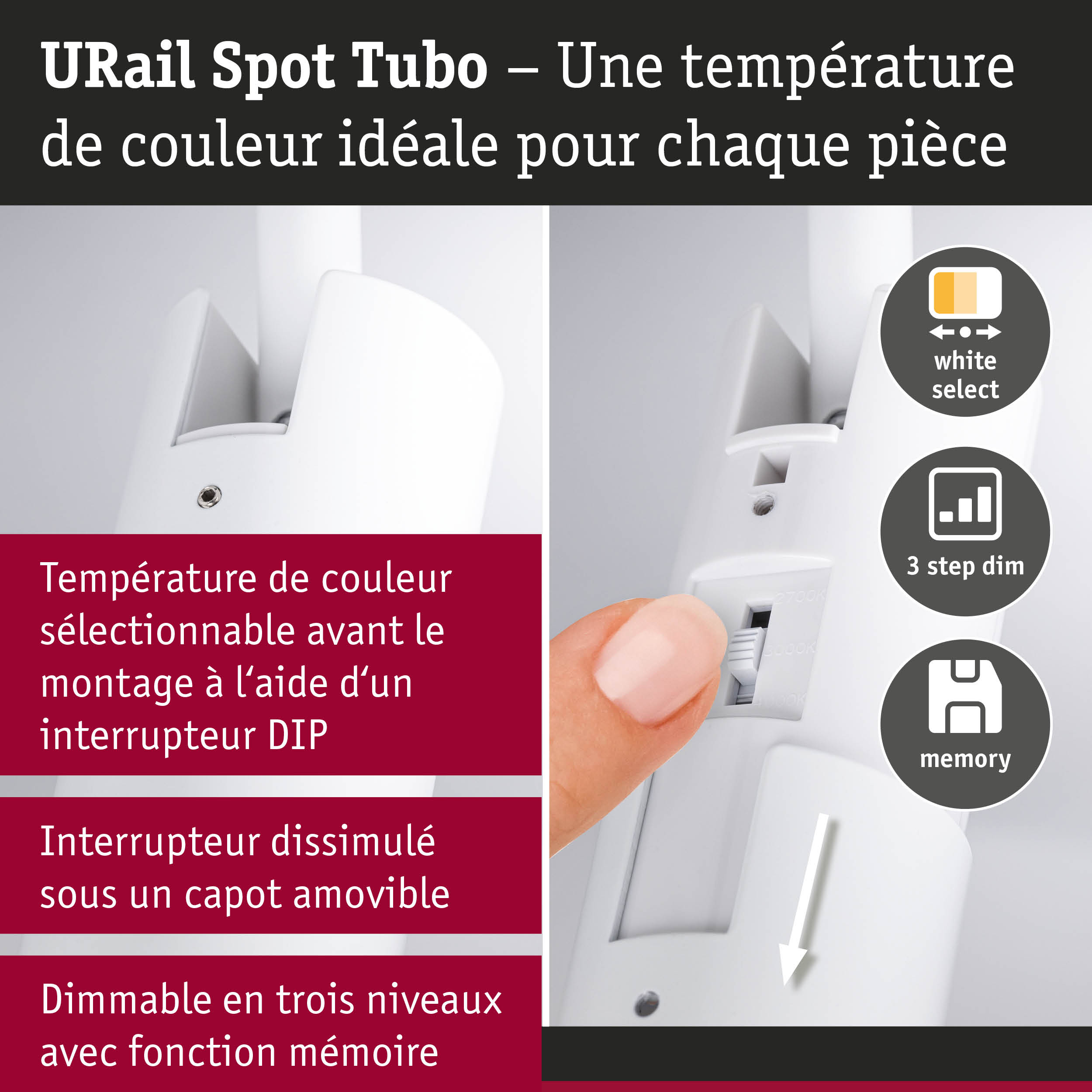 Spot URail Tubo blanc avec température de couleur réglable et interrupteur DIP pour éclairage LED dimmable