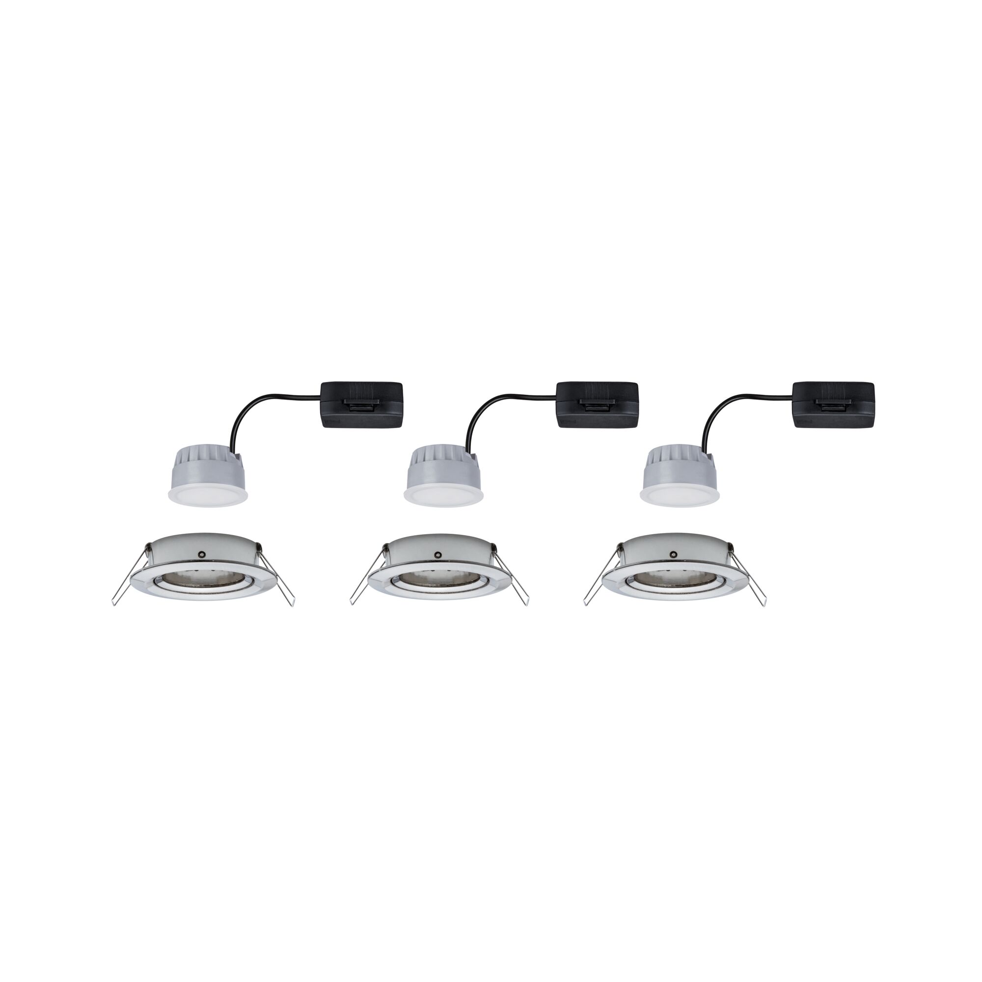Tre hvide LED-indbygningsspots med sort ledning til moderne indendørs belysning