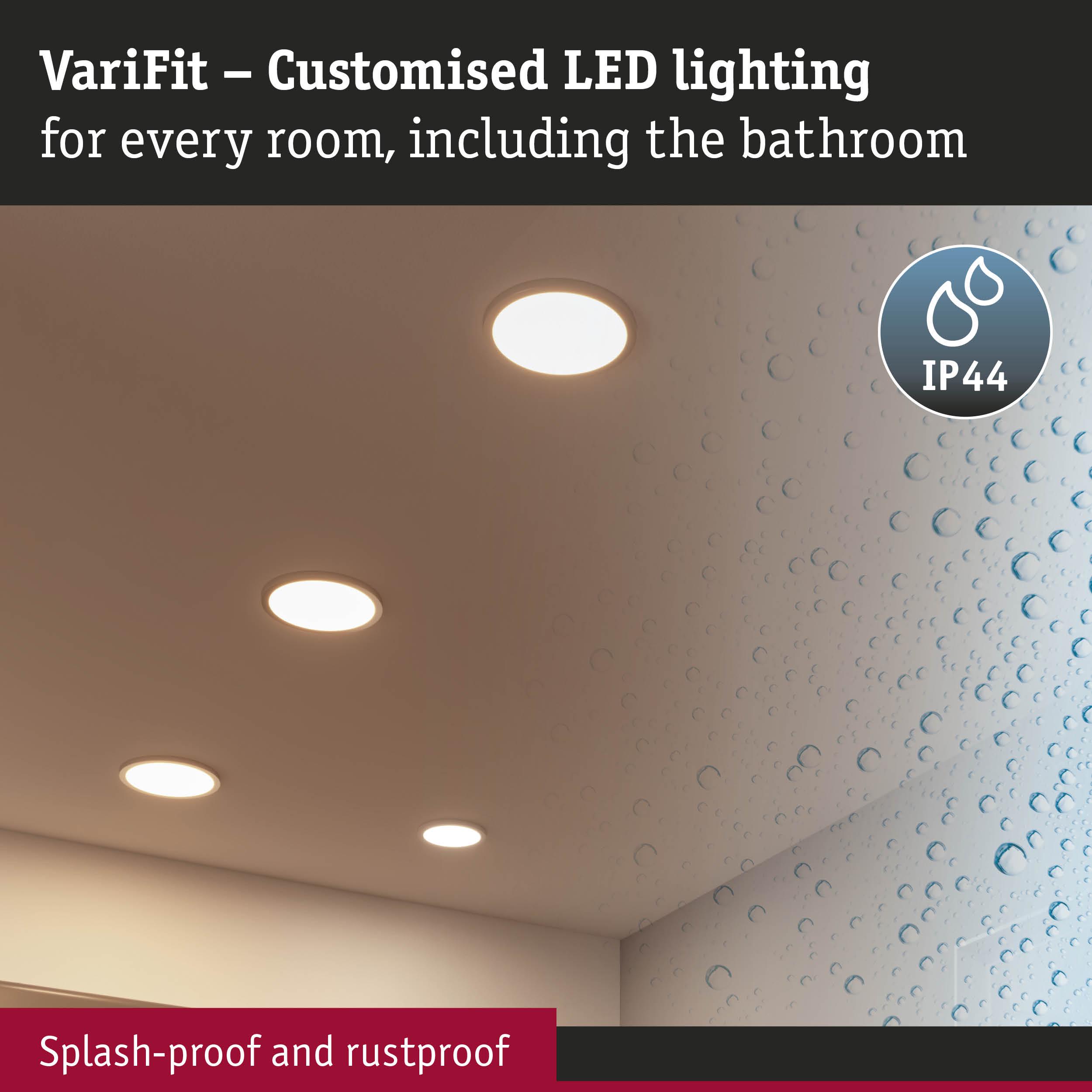 Four round white LED ceiling lights with IP44 rating, splash-proof and rustproof for bathroom use