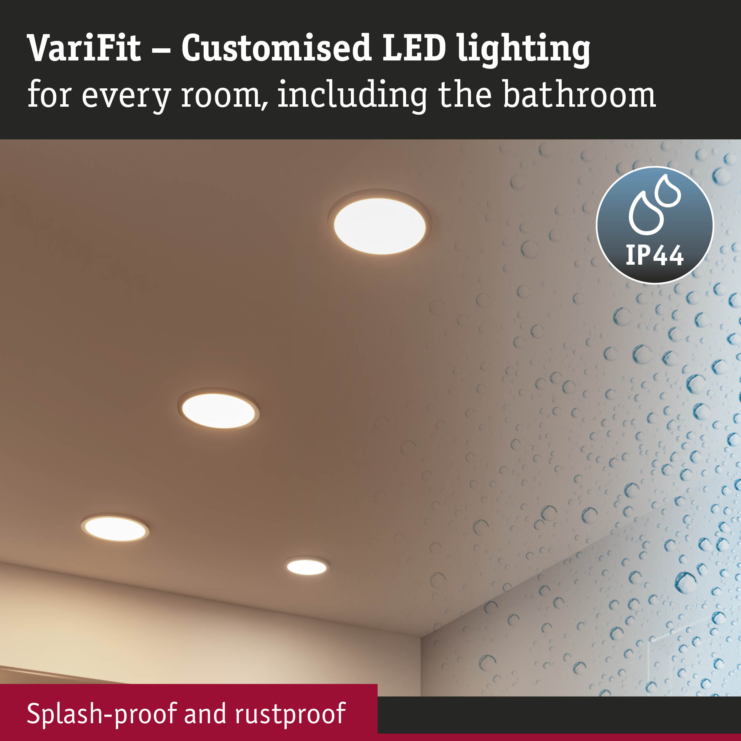 White VariFit recessed LED lights, splash-proof and rustproof, perfect for bathroom lighting