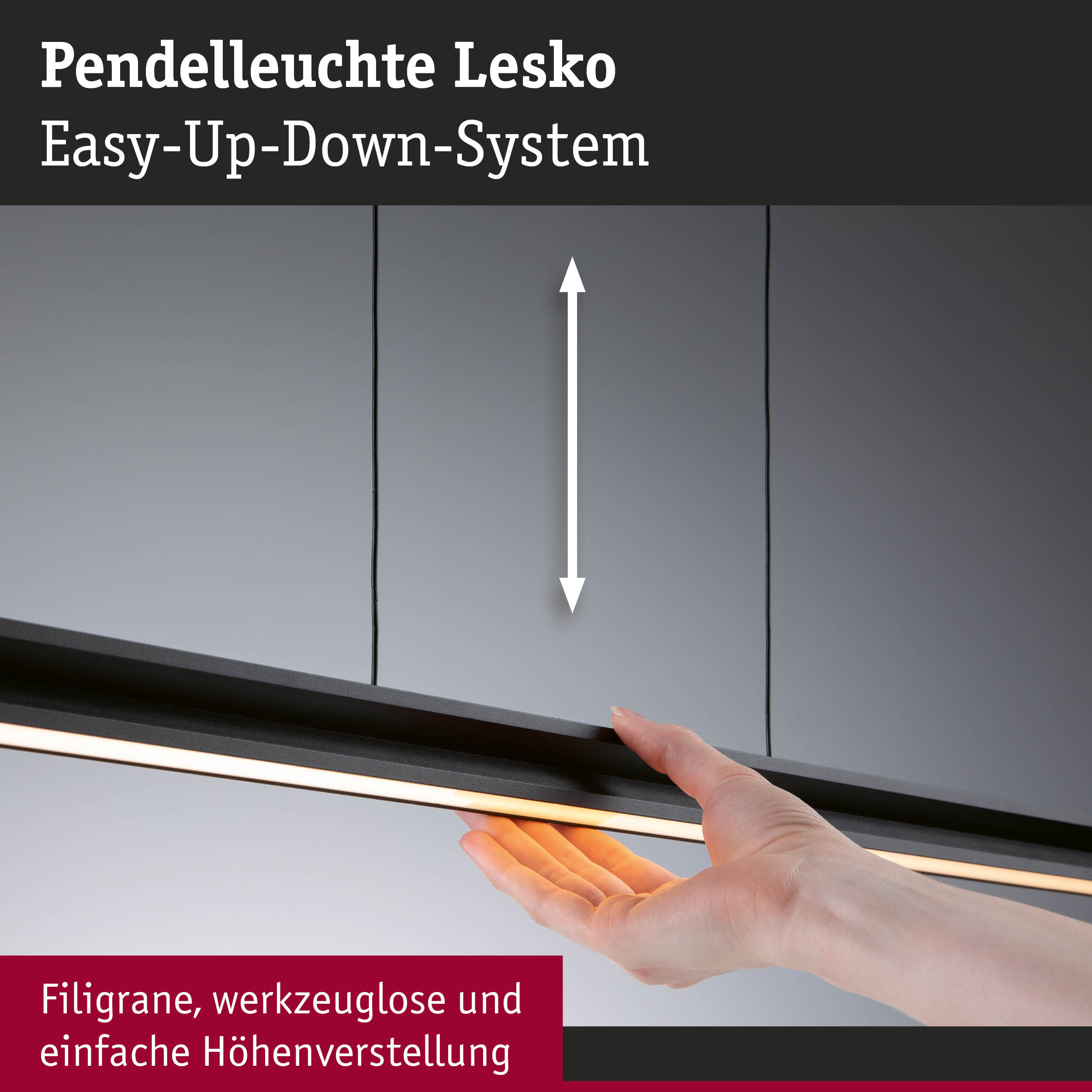 Pendelleuchte Lesko in Schwarz mit Easy-Up-Down-System und stufenloser Höhenverstellung