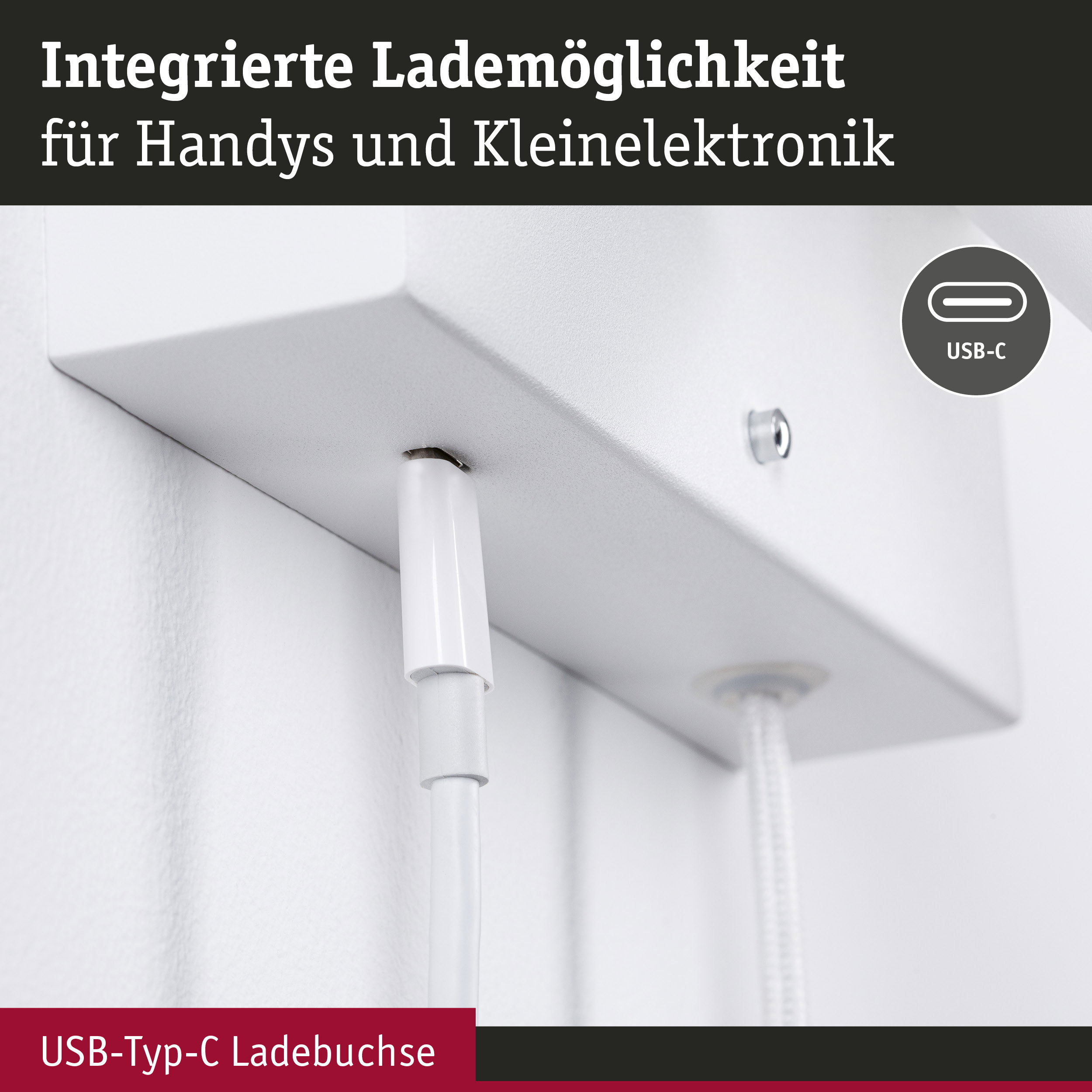 Weiße USB-Typ-C Ladebuchse mit integriertem Anschluss für Handys und Kleinelektronik