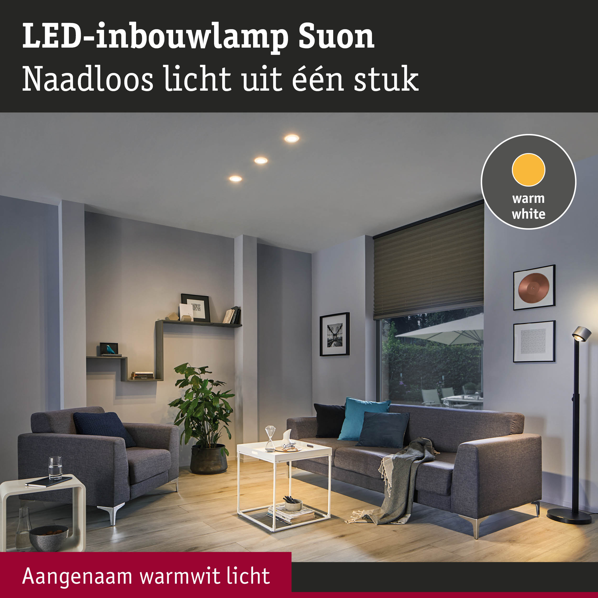 LED-inbouwlamp Suon met naadloos warm wit licht in moderne woonkamer met grijze bank
