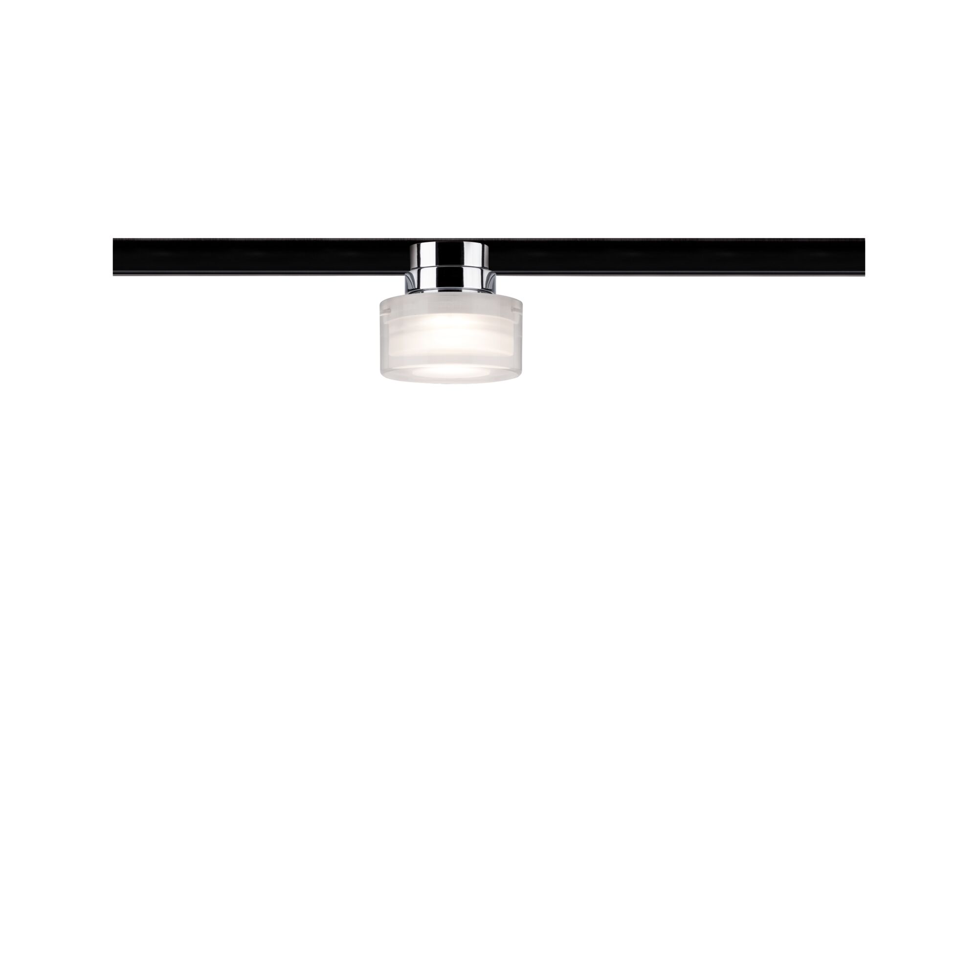 Moderner LED-Strahler mit Glasdiffusor und Chromfassung an schwarzer Schiene für flexible Beleuchtung