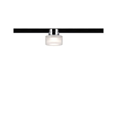 Moderner LED-Strahler mit Glasdiffusor und Chromfassung an schwarzer Schiene für flexible Beleuchtung