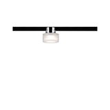 Moderner LED-Strahler mit Glasdiffusor und Chromfassung an schwarzer Schiene für flexible Beleuchtung