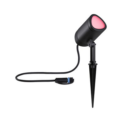 Black LED garden spotlight with ground spike and red light, weatherproof outdoor lighting with cable.
