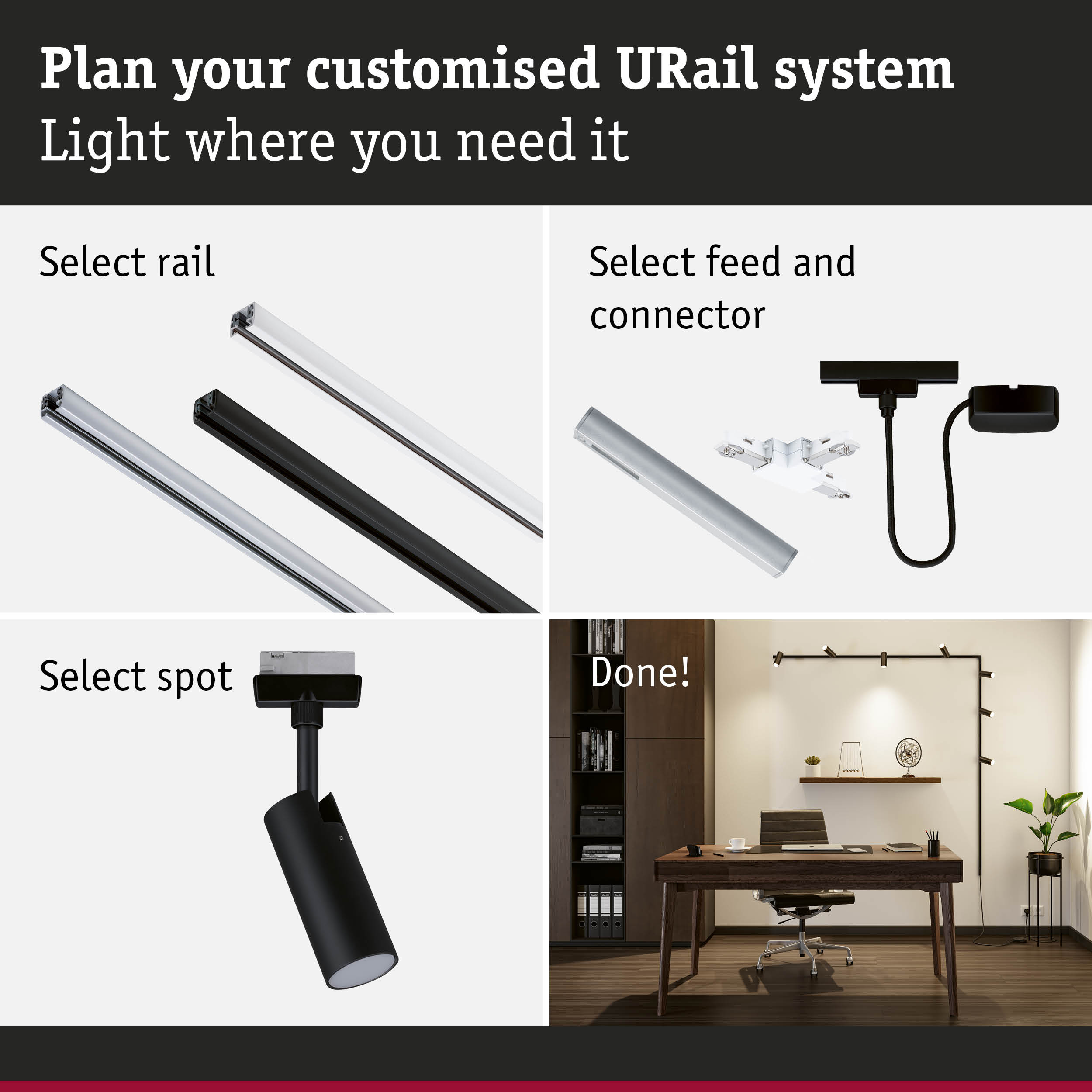 Modular URail track system with black and white rails, connectors, and spotlights for customizable room lighting