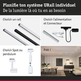Système modulaire URail avec rails en aluminium noir, blanc et argent pour éclairage LED flexible.