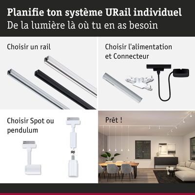 Système modulaire URail avec rails en aluminium noir, blanc et argent pour éclairage LED flexible.