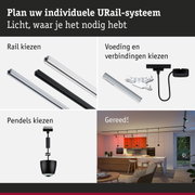 Modulair URail-systeem met zwarte en witte rails, verbindingsstukken en pendelverlichting voor flexibele lichtoplossingen