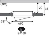 Technical drawing of a recessed spotlight with 90 mm diameter and 75-degree tilt made of metal.