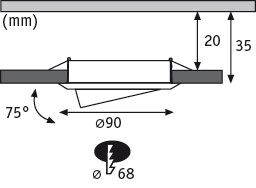 Dessin technique d'un spot encastré de 90 mm de diamètre et inclinaison de 75 degrés en métal.
