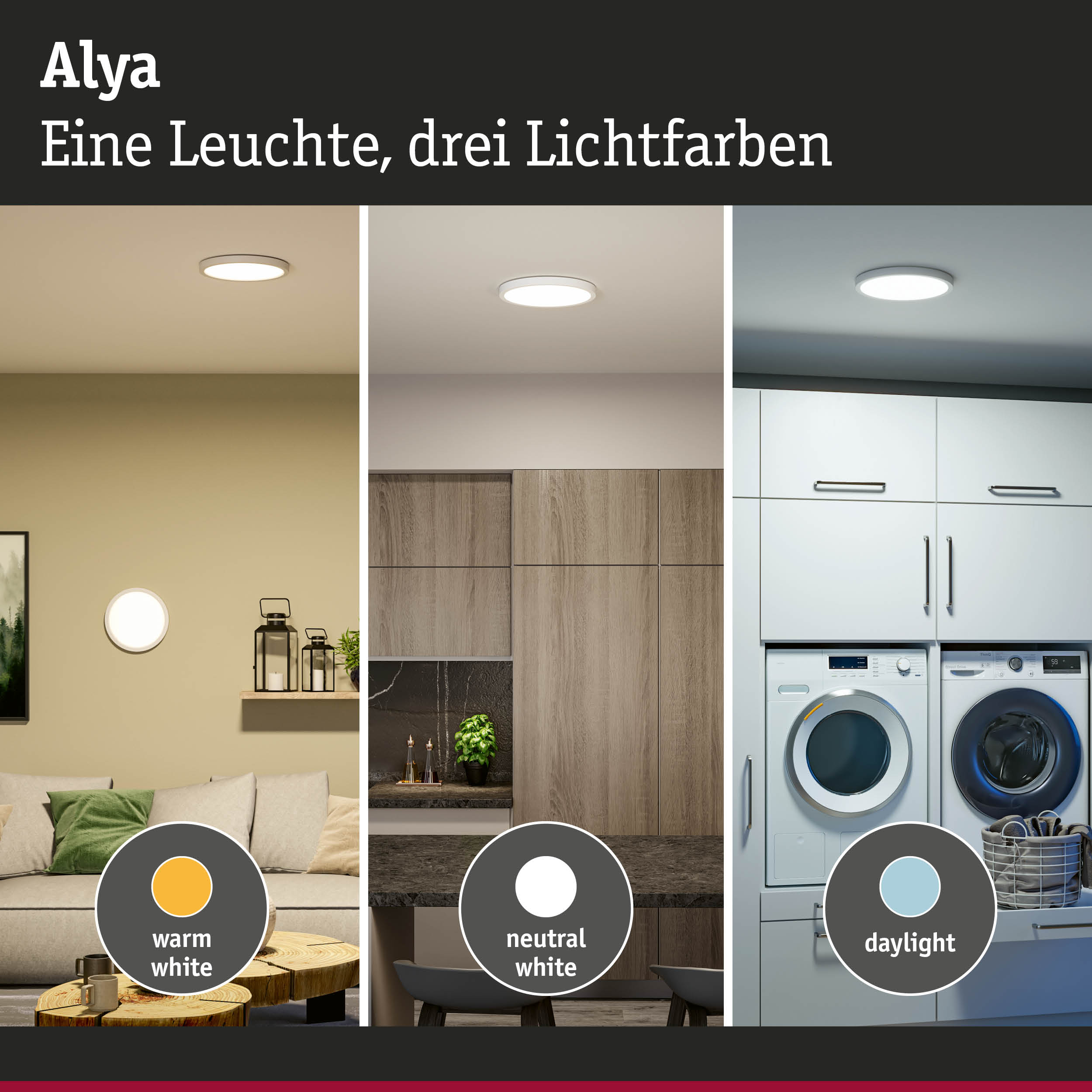 Alya Deckenleuchte zeigt drei Lichtfarben warmweiß, neutralweiß und tageslicht für Wohnräume