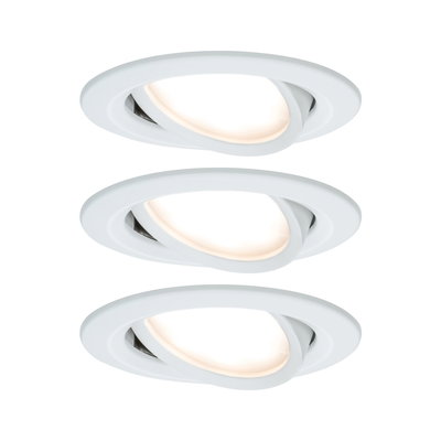 Set of three white plastic LED recessed spotlights with adjustable light for modern home lighting