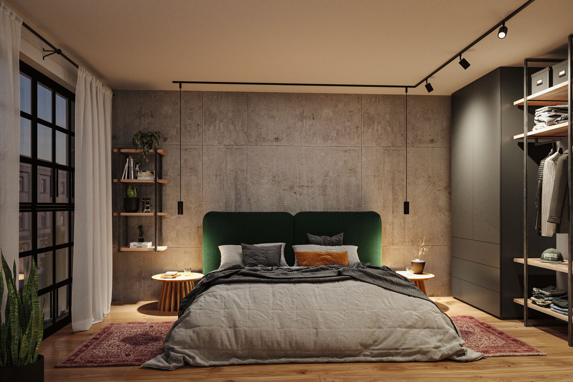 Moderne slaapkamer met groen stoffen hoofdeinde, betonnen muur, houten nachtkastjes en LED-hanglampen