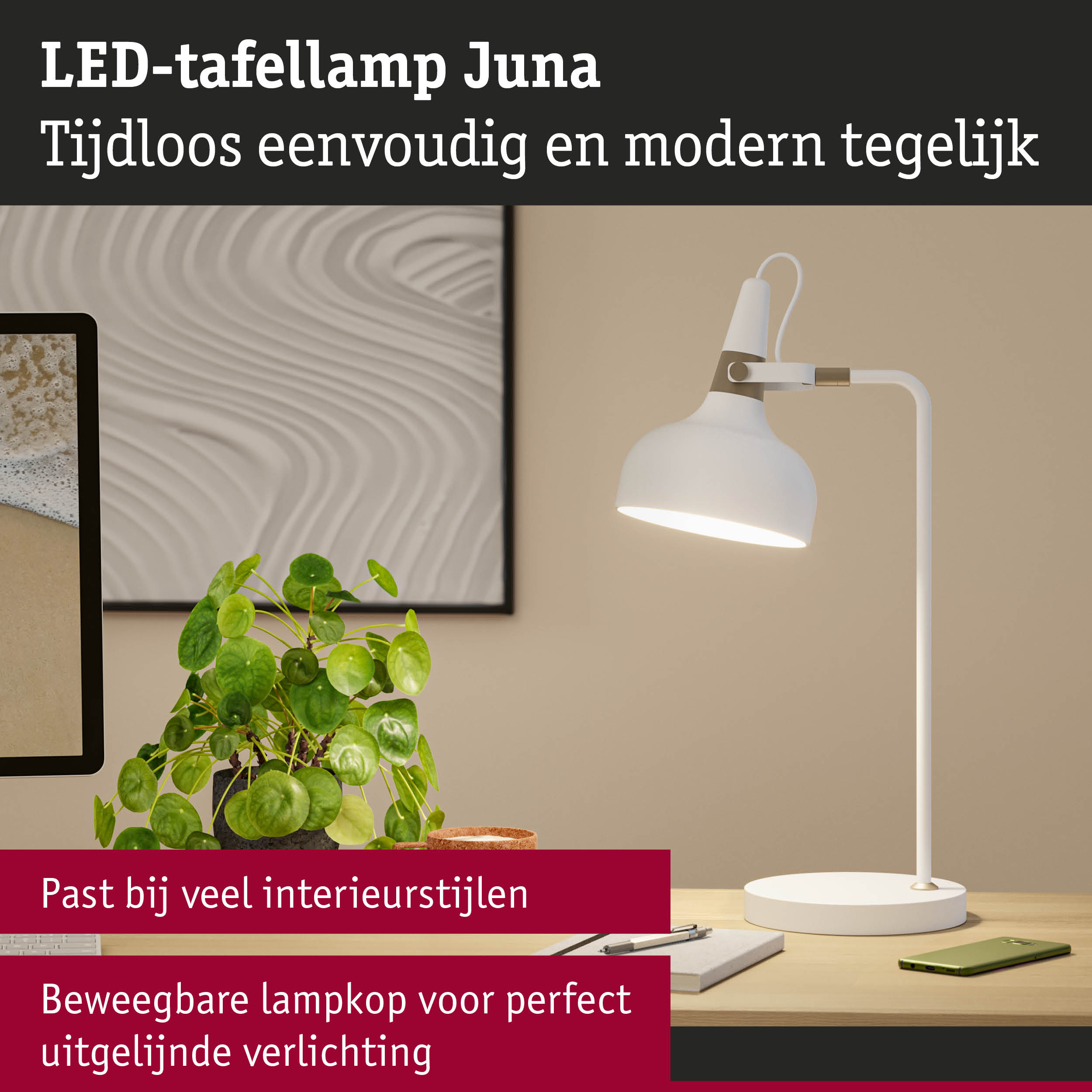 Witte LED-tafellamp Juna met beweegbare lampkop voor moderne kantoorverlichting