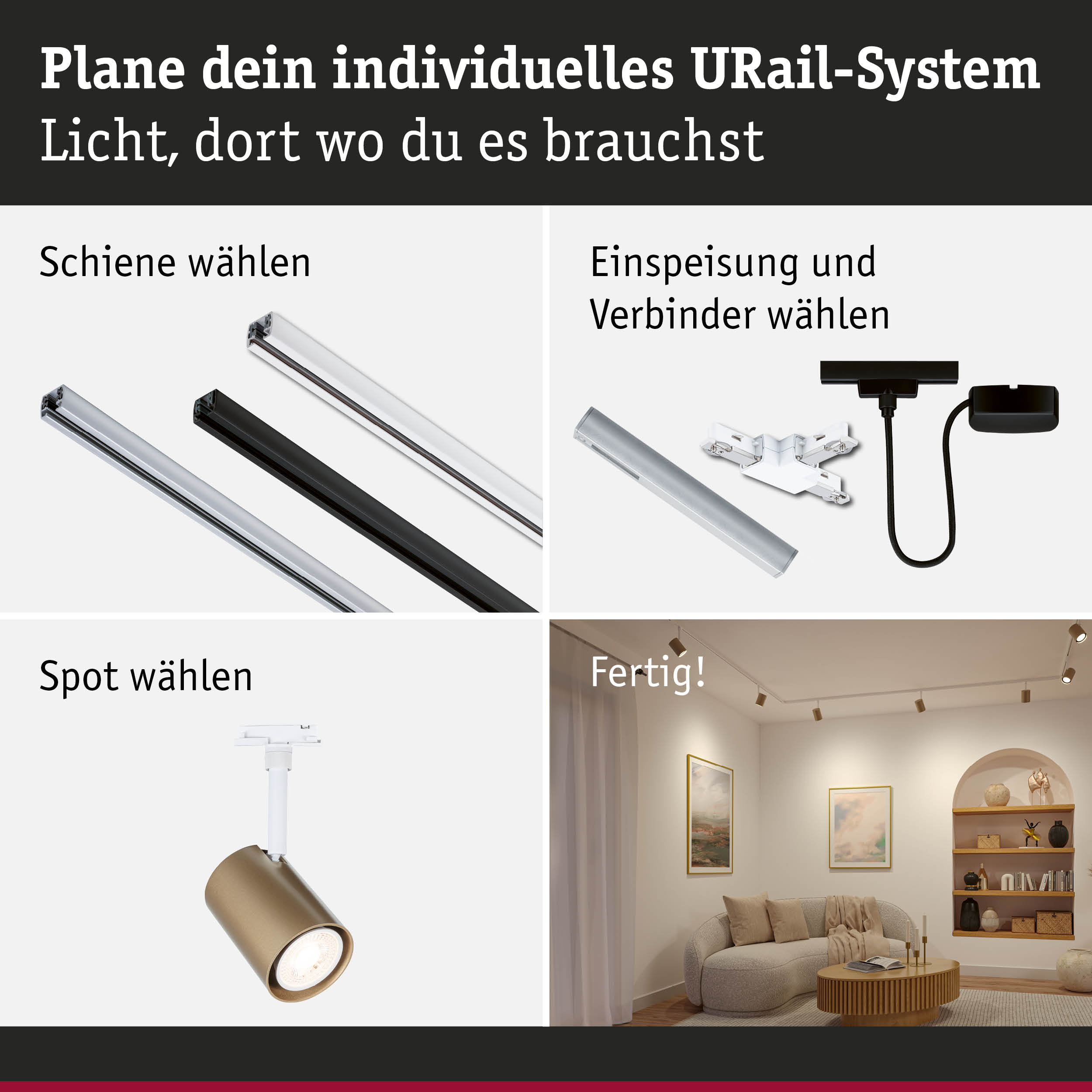 Modulares URail-Schienensystem mit weißen und schwarzen Schienen, Steckern und goldfarbenem Spot für flexible Beleuchtung