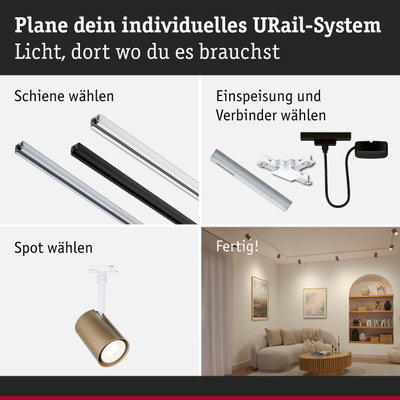 Modulares URail-Schienensystem mit weißen und schwarzen Schienen, Steckern und goldfarbenem Spot für flexible Beleuchtung