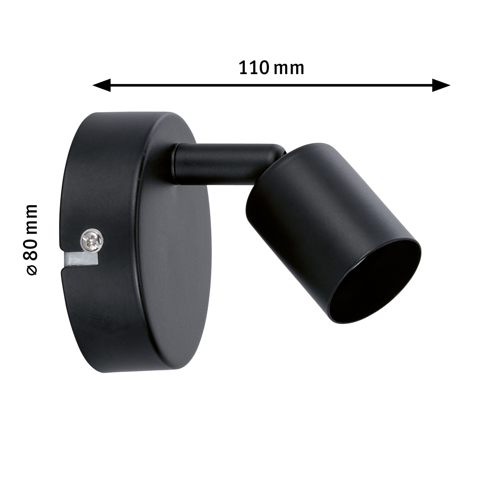 Schwarze LED-Wandlampe aus Metall mit verstellbarem Spot und Maßen 110x80 mm für Akzentbeleuchtung