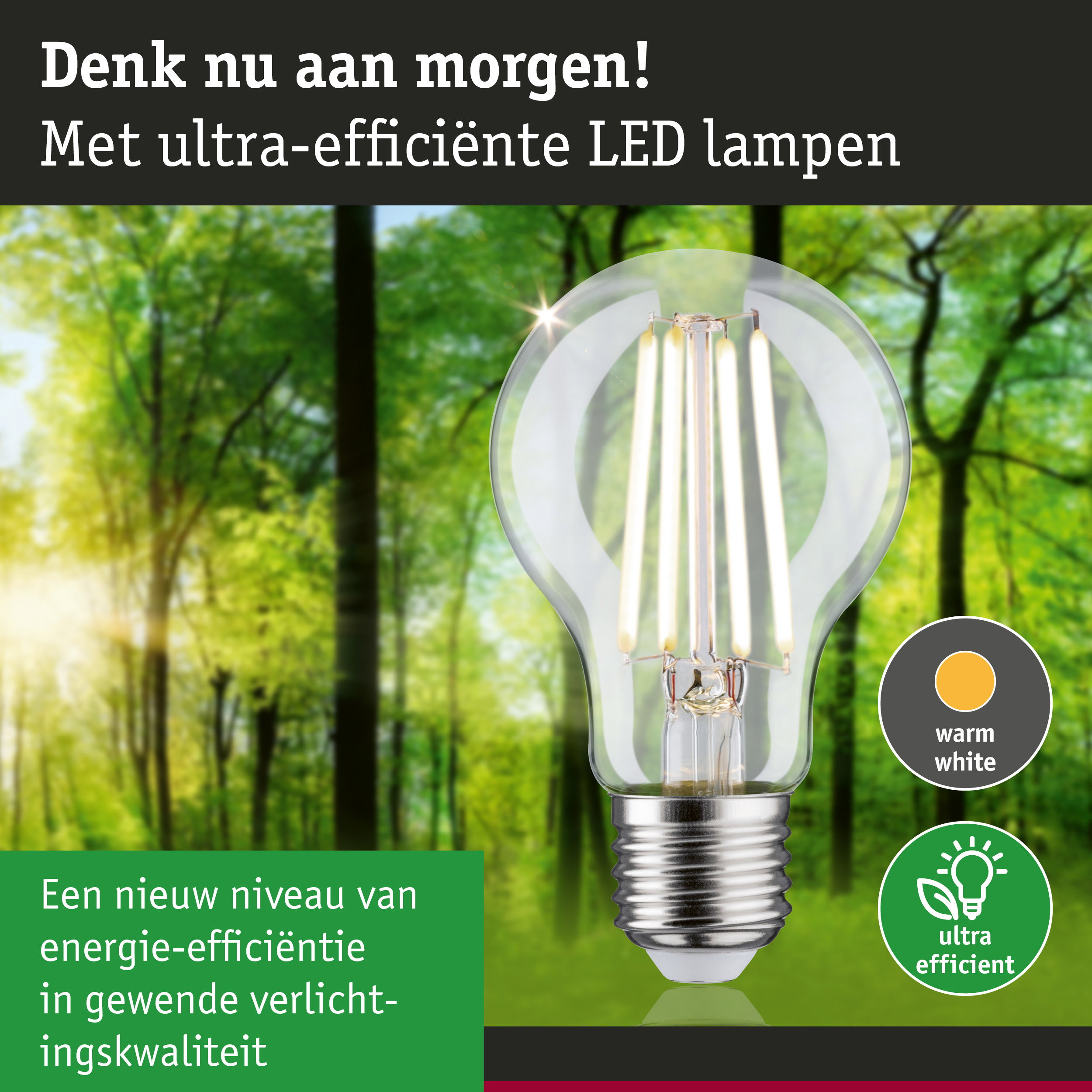Transparante LED-lamp met warm wit licht en ultra-efficiënte technologie tegen groene bosachtergrond