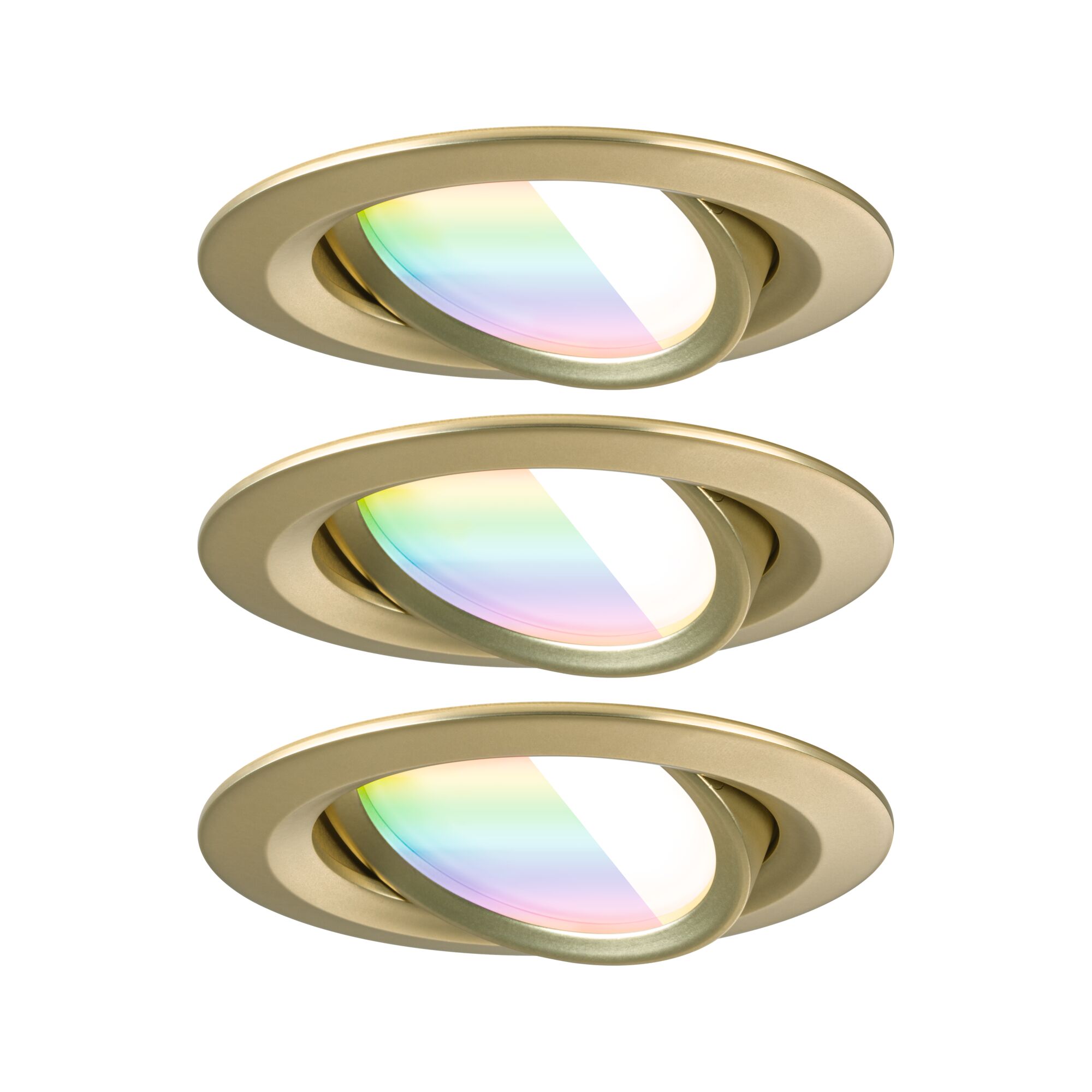 Three gold LED recessed spotlights with adjustable heads and RGB color filter for home lighting