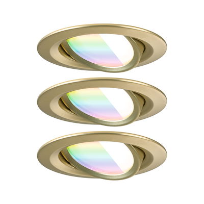 Three gold LED recessed spotlights with adjustable heads and RGB color filter for home lighting