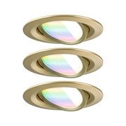 Three gold LED recessed spotlights with adjustable heads and RGB color filter for home lighting
