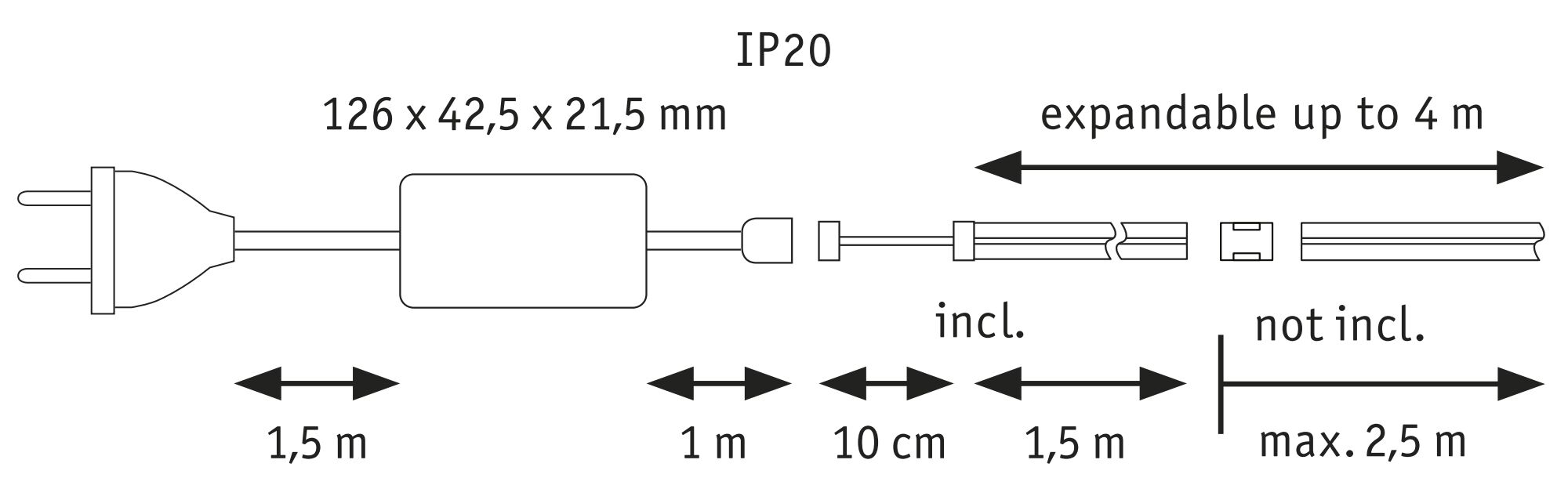 Technische tekening van een stekker met kabel en afmetingen, uitbreidbaar tot 4 m lengte, IP20-classificatie.