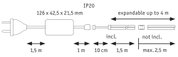 Schéma technique d'une prise avec câble et dimensions, extensible jusqu'à 4 m, indice de protection IP20.