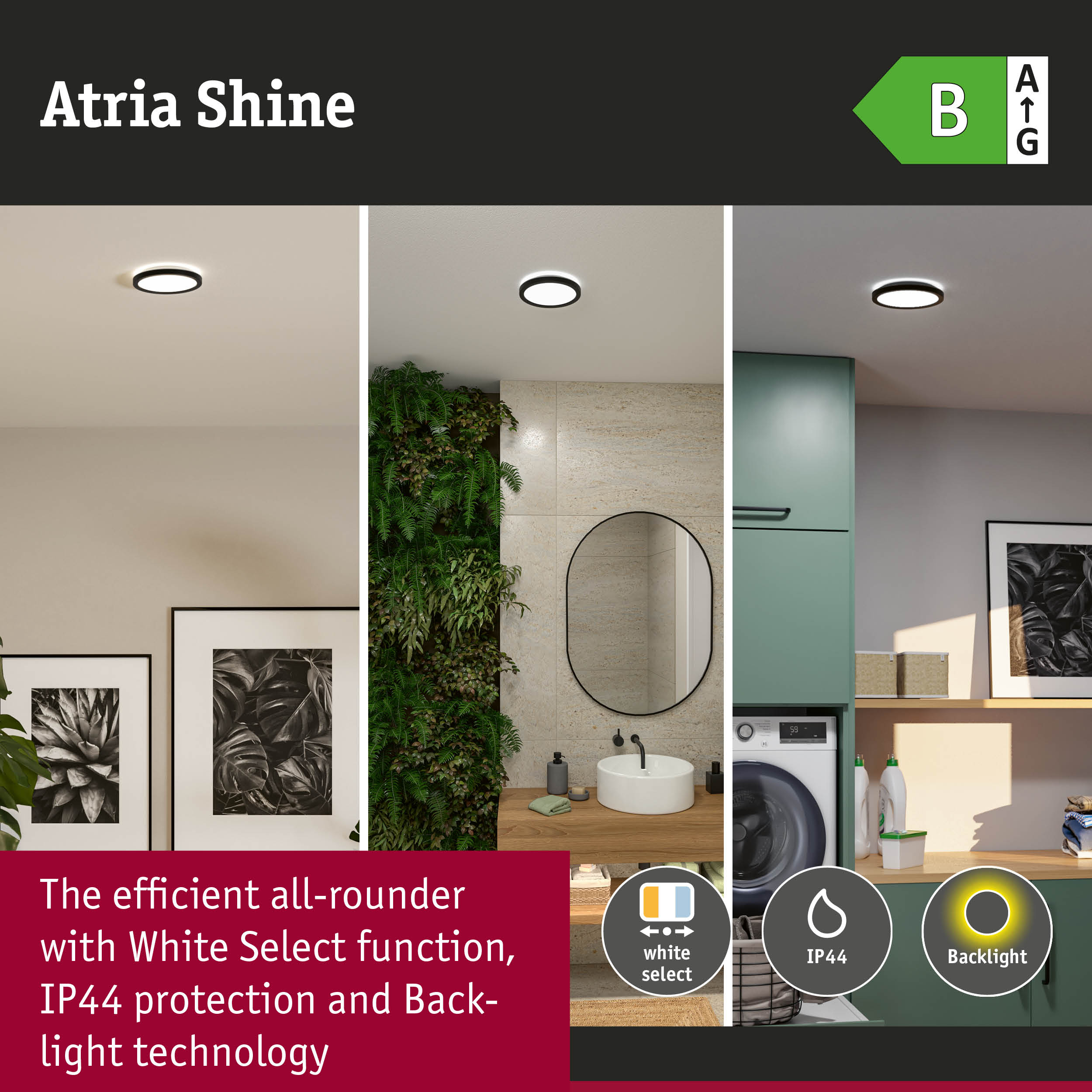 Atria Shine LED ceiling light with black frame, white light and IP44 protection for bathroom and kitchen