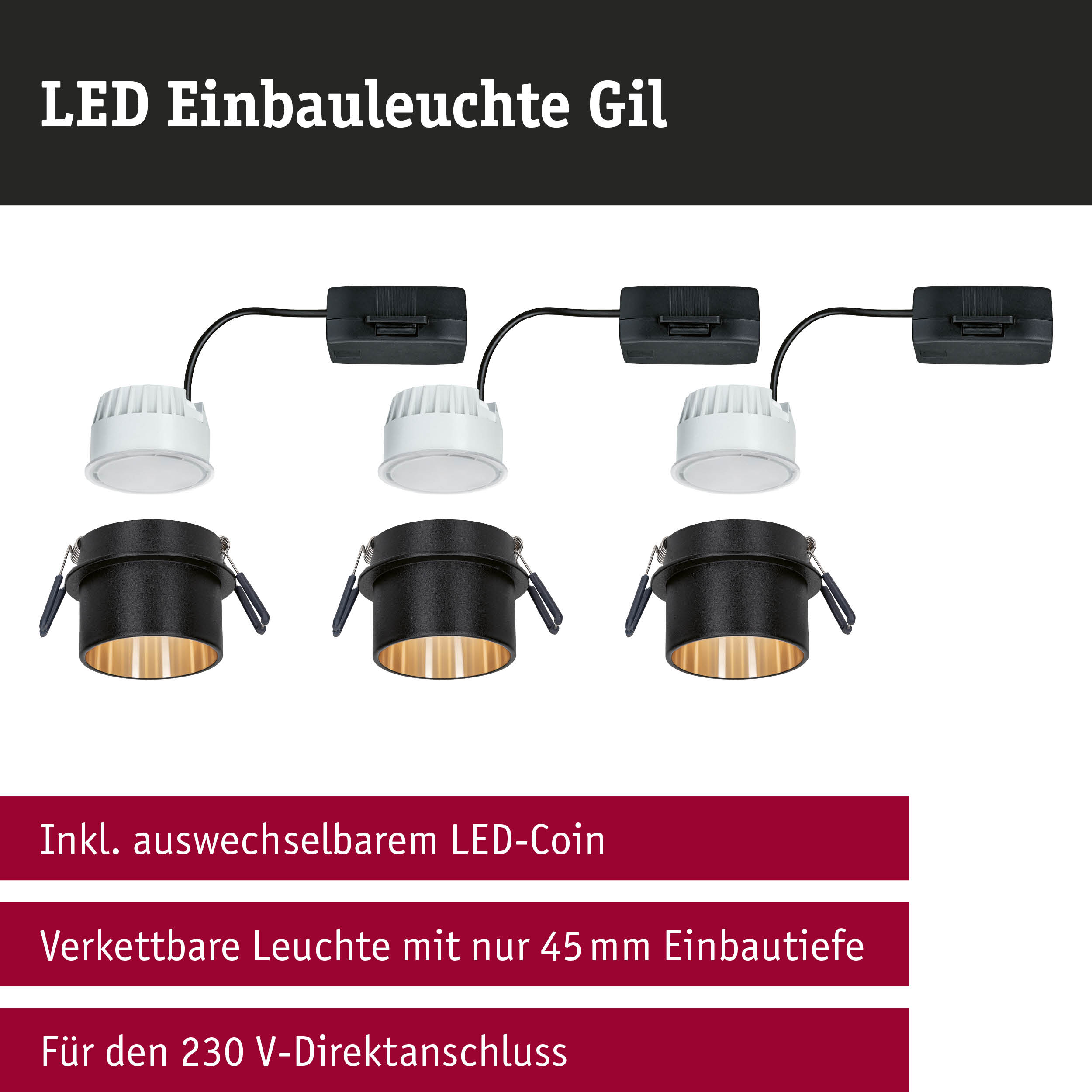 LED Einbauleuchte Gil in Schwarz mit goldfarbener Innenfläche, vernetzte LED-Spots mit 45 mm Einbautiefe