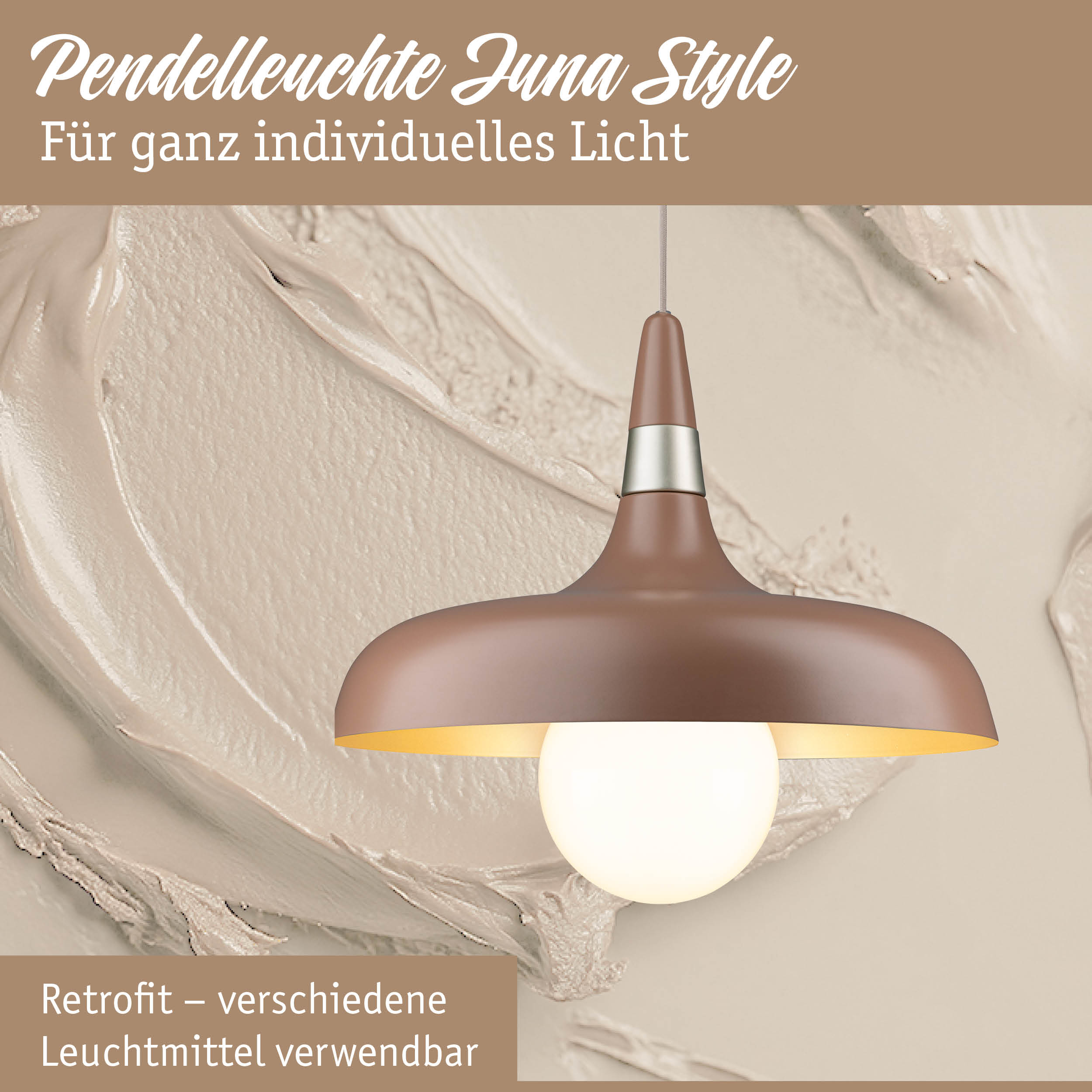 Pendelleuchte Juna Style in Braun mit Metallring und warmweißem Licht für individuelle Beleuchtung