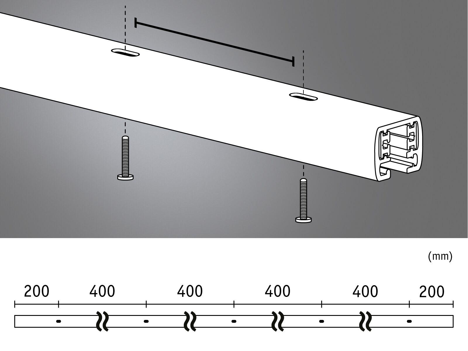Dessin technique d'un profilé en aluminium blanc avec vis et mesures en millimètres.